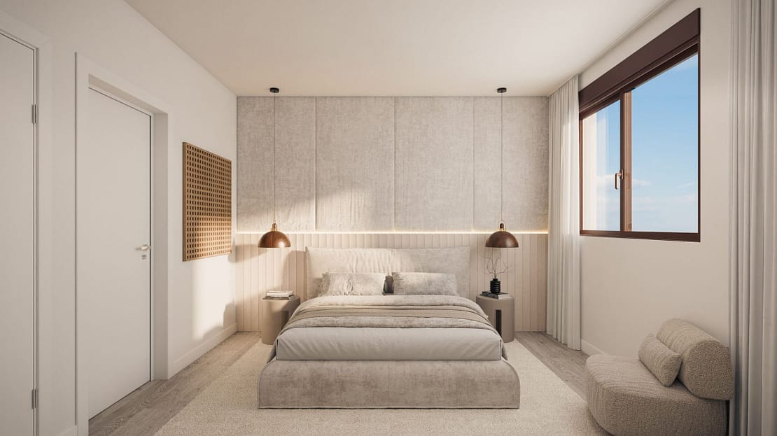 Modern neutral-toned bedroom with large window, hanging pendant lights, and soft contemporary furnishings